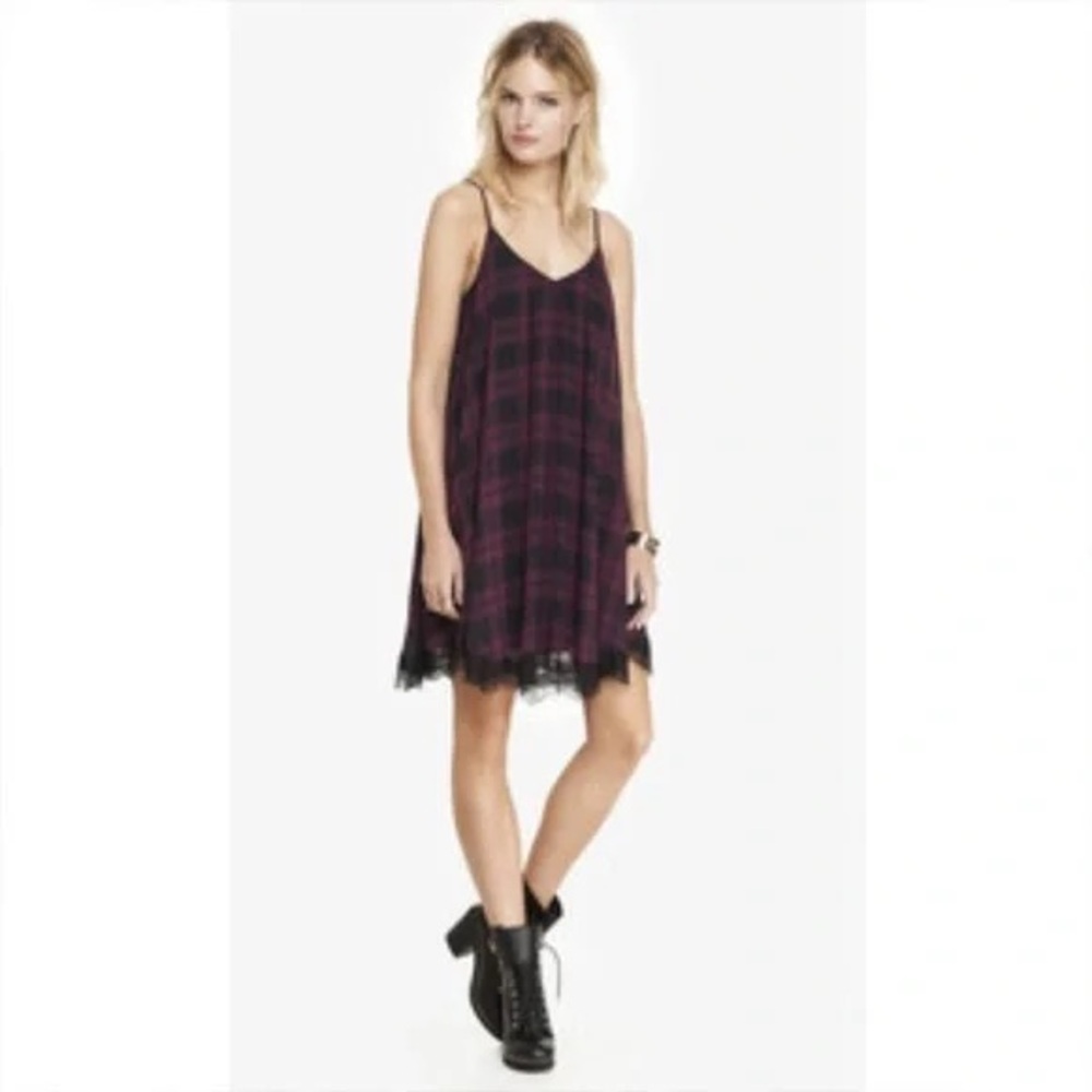 Express Plaid Lace Trim Trapeze Dress - Women | Color: Purple | Size: XS